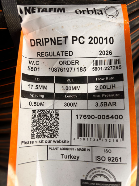 Netafim Dripnet Pc™ 20010 ( 20 mm, 50 cm, 2.0 lt/h, 300 m. ) Basınç Ayarlı Çok Yıllık Damla Sulama Borusu