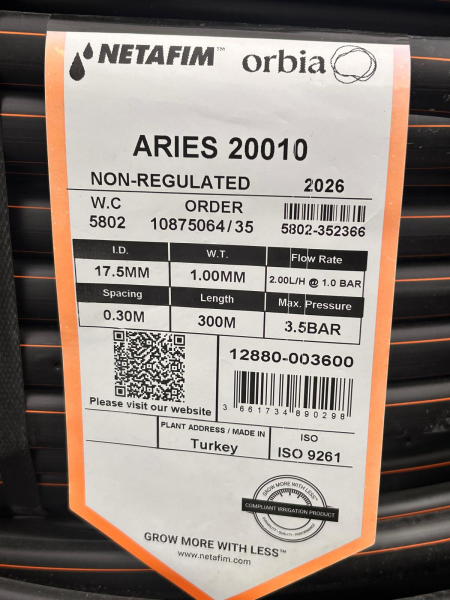 NETAFİM ARİES 20MM 2L/H 30CM 300M ÇOK YILLIK YUVARLAK DAMLA SULAMA BORUSU