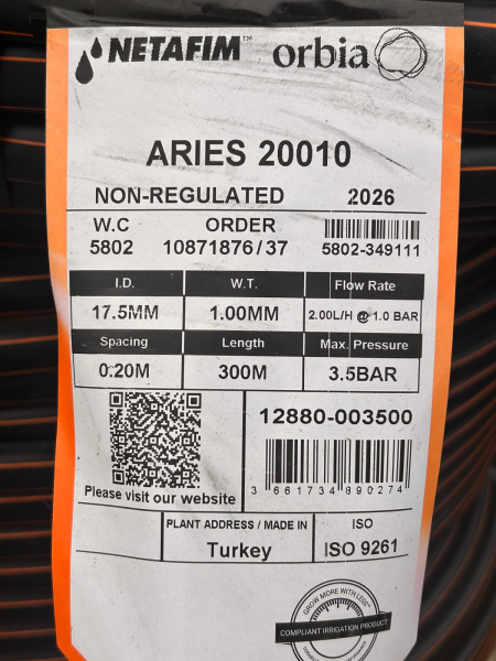 NETAFİM ARİES 20MM 2L/H 20CM 300M ÇOK YILLIK YUVARLAK DAMLA SULAMA BORUSU