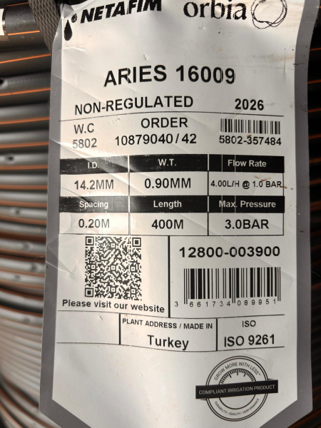 NETAFİM ARİES 16MM 4L/H 20CM 400M ÇOK YILLIK YUVARLAK DAMLA SULAMA BORUSU
