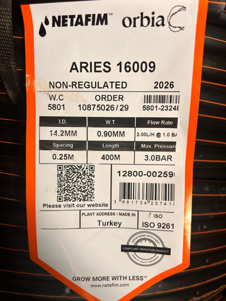 NETAFİM ARİES 16MM 2L/H 25CM 400M ÇOK YILLIK YUVARLAK DAMLA SULAMA BORUSU