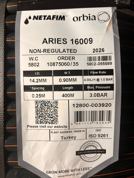 NETAFİM ARİES 16MM 4L/H 25CM 400M ÇOK YILLIK YUVARLAK DAMLA SULAMA BORUSU