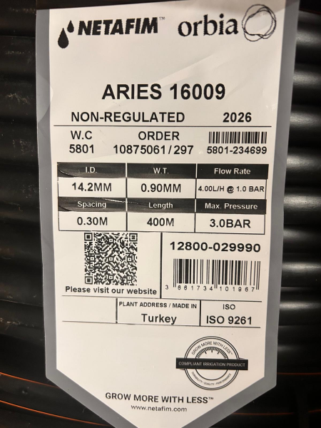 NETAFİM ARİES 16MM 4L/H 30CM 400M ÇOK YILLIK YUVARLAK DAMLA SULAMA BORUSU