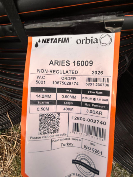 NETAFİM ARİES 16MM 2L/H 50CM 400M ÇOK YILLIK YUVARLAK DAMLA SULAMA BORUSU